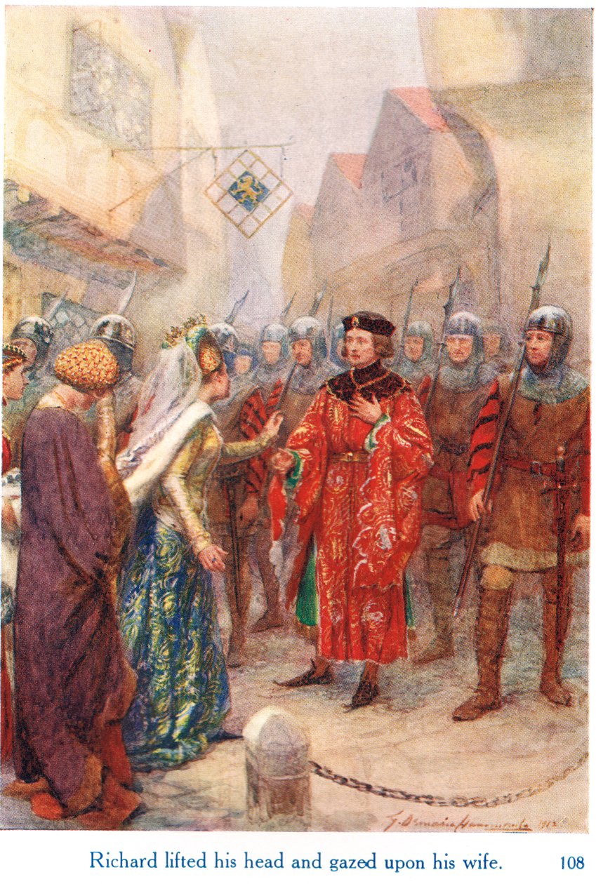 George Harrap & Son tarafından yayınlanan "Shakespeare'in İngiliz Kralları Hikayeleri"nden "Richard başını kaldırdı ve karısına baktı" illüstrasyonu by Gertrude E. Demain Hammond