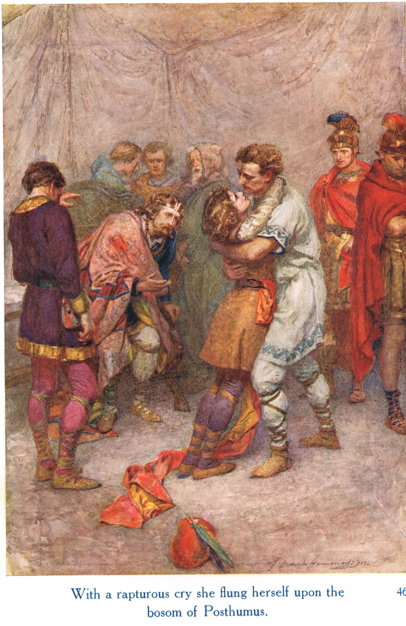 George Harrap & Son tarafından yayınlanan "Shakespeare'in İngiliz Krallarının Öyküleri"nden "Kendini coşkulu bir çığlıkla Posthumus'un koynuna attı" by Gertrude E. Demain Hammond