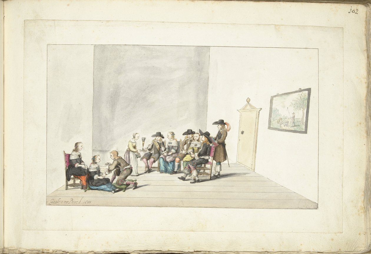 Bir iç mekanda on gençten oluşan şirket by Gesina ter Borch (signed by artist)
