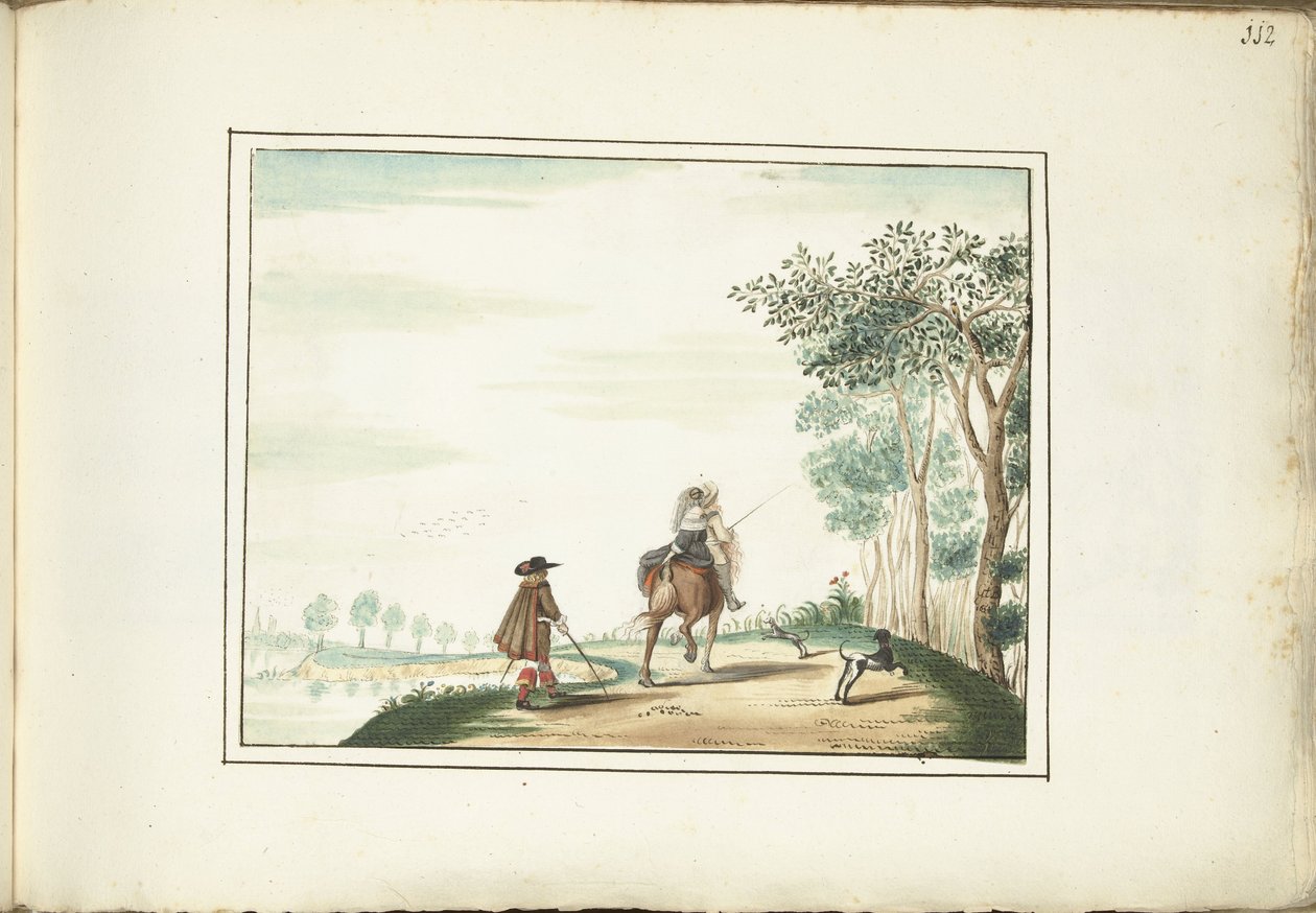 Beyefendi ve bayan at sırtında ve bir yaya bir manzarada by Gesina ter Borch (signed by artist)