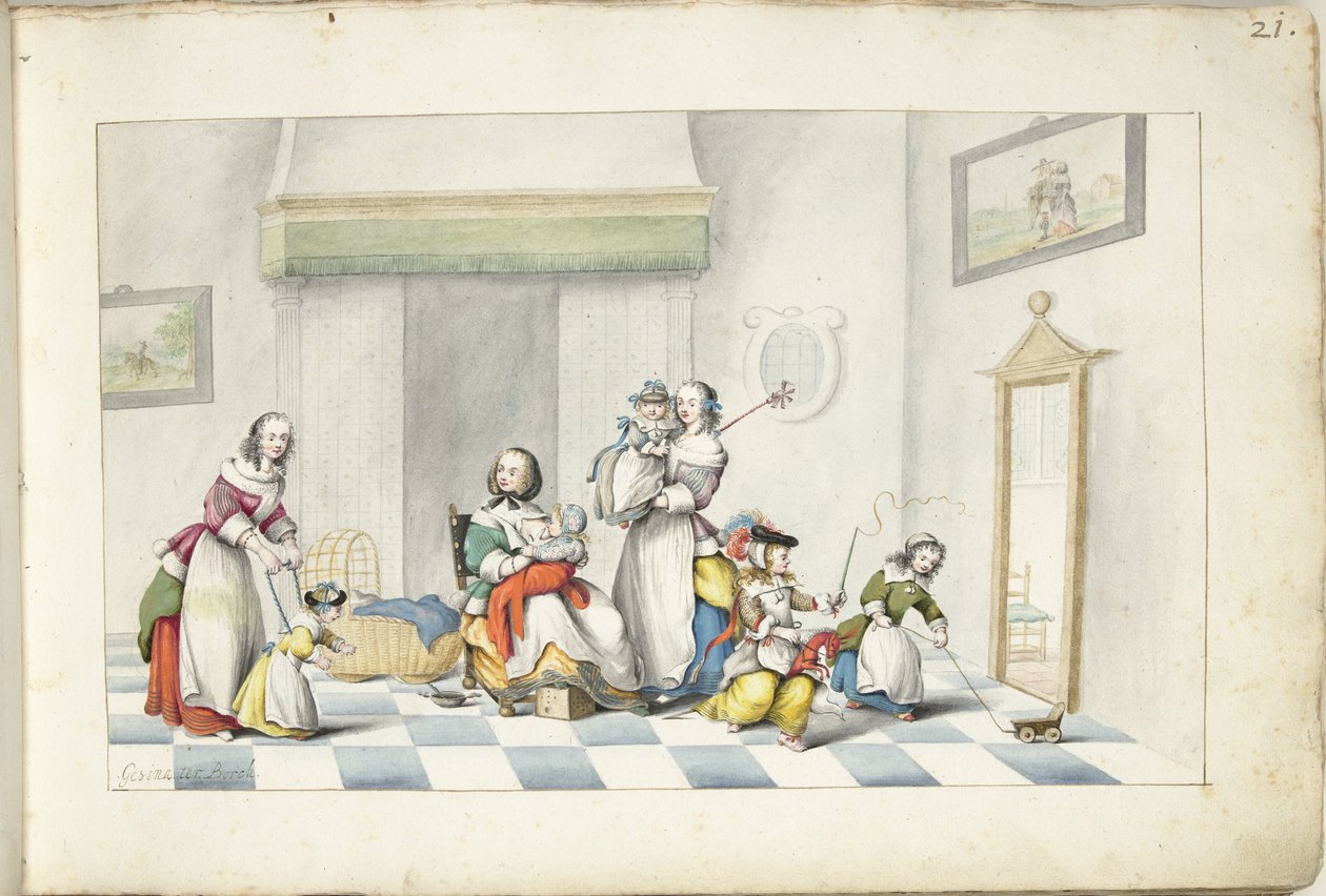 Üç kadın ve çocuklu çocuk odası by Gesina ter Borch (signed by artist)