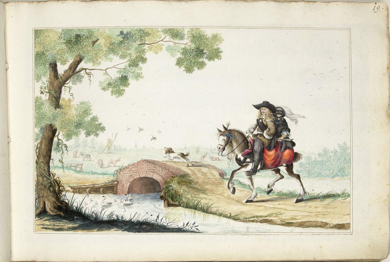 At sırtında adam ve maskeli kadın by Gesina ter Borch (signed by artist)