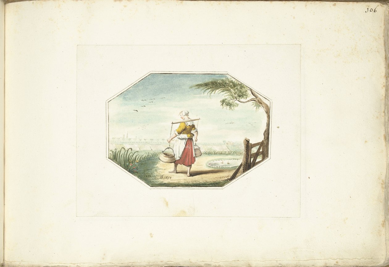 Bir manzara içinde kova ile sütçü kız by Gesina ter Borch (signed by artist)