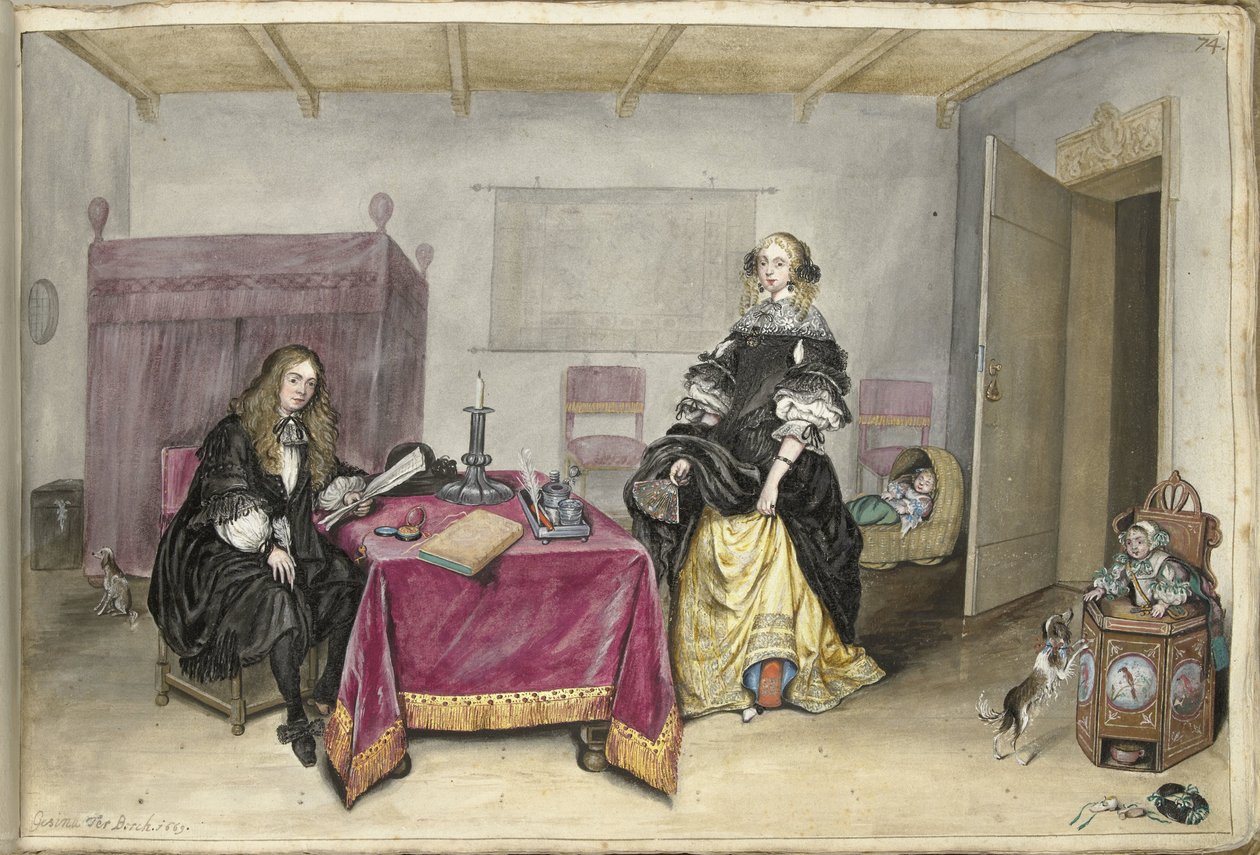 Sijbrant Schellinger ve Jenneken ter Borch, iki çocuklu bir iç mekanda by Gesina ter Borch (signed by artist)