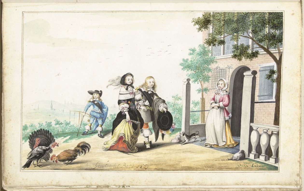 Çift bir kır evinin kapısında bir bayanı selamlıyor. by Gesina ter Borch (signed by artist)