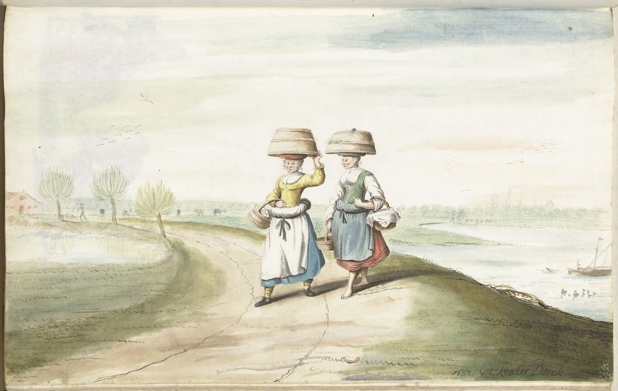 Bir manzara içinde yürüyen iki köylü kadın by Gesina ter Borch (signed by artist)