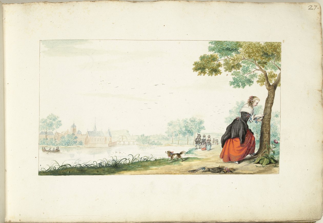 Bir ağaca isim kazıyan kadın by Gesina ter Borch (signed by artist)