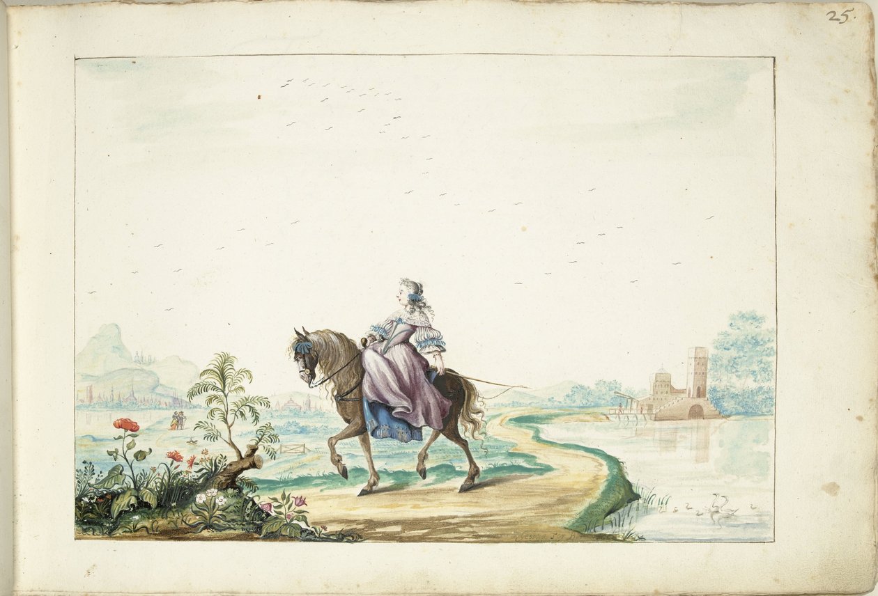 Bir manzara içinde at sırtında kadın by Gesina ter Borch (signed by artist)