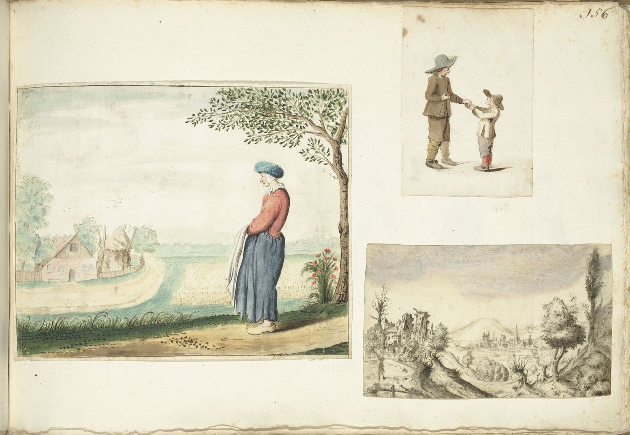 Çiftçinin karısı, elmalı çocuklar ve tepelik bir manzara by Gesina ter Borch