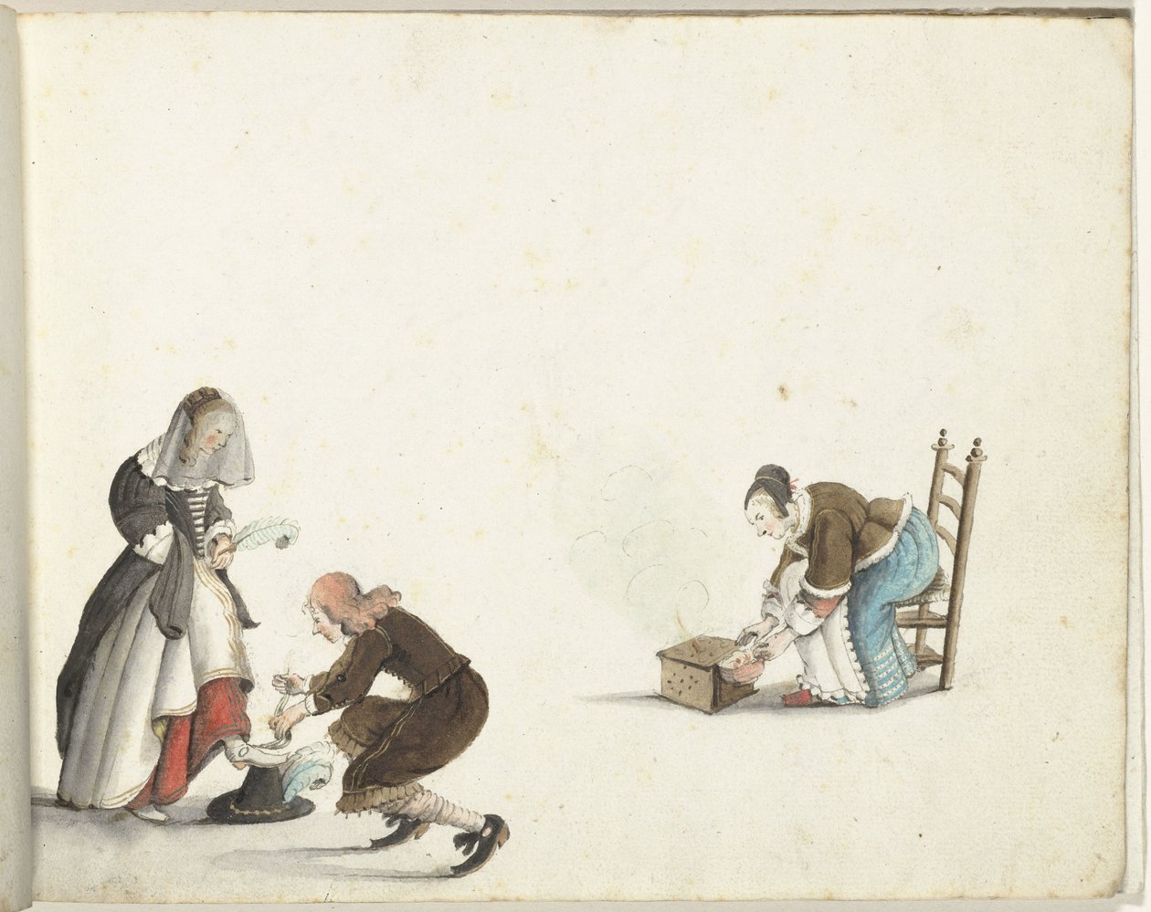 Lord bir bayanın ayakkabısını sıkar ve bir kadın sobayı ateşe verir by Gesina ter Borch