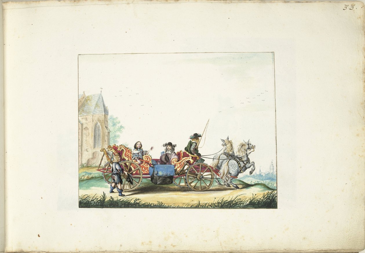 Küçük çocuk zarif bir çiftin arabasının yanında dileniyor. by Gesina ter Borch