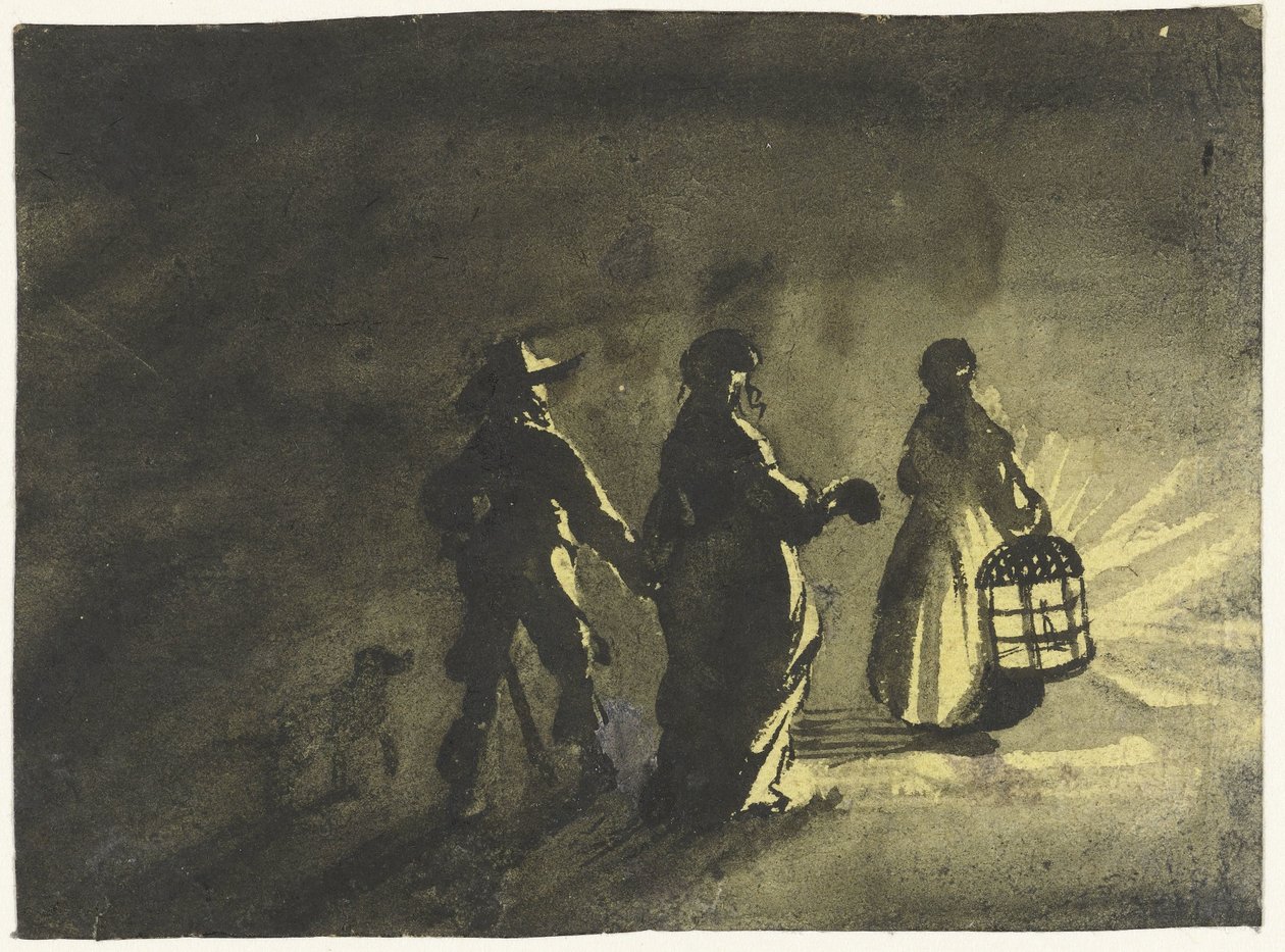 Gece parçası: bir kadının arkasından bir fenerle yürüyen çift, arkadan by Gesina ter Borch