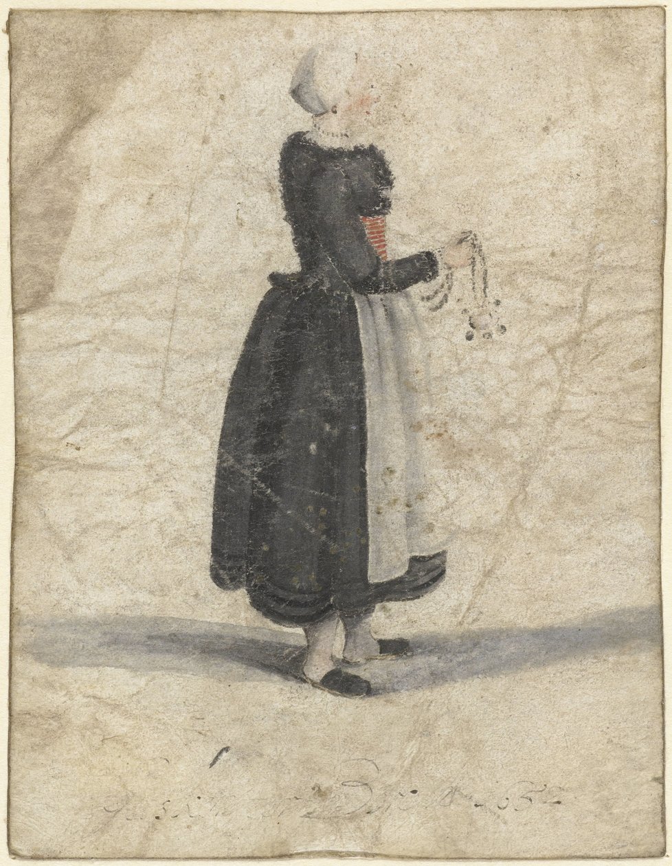 Kuzey Hollanda kadın elinde bir süs veya çanta ile ayakta by Gesina ter Borch