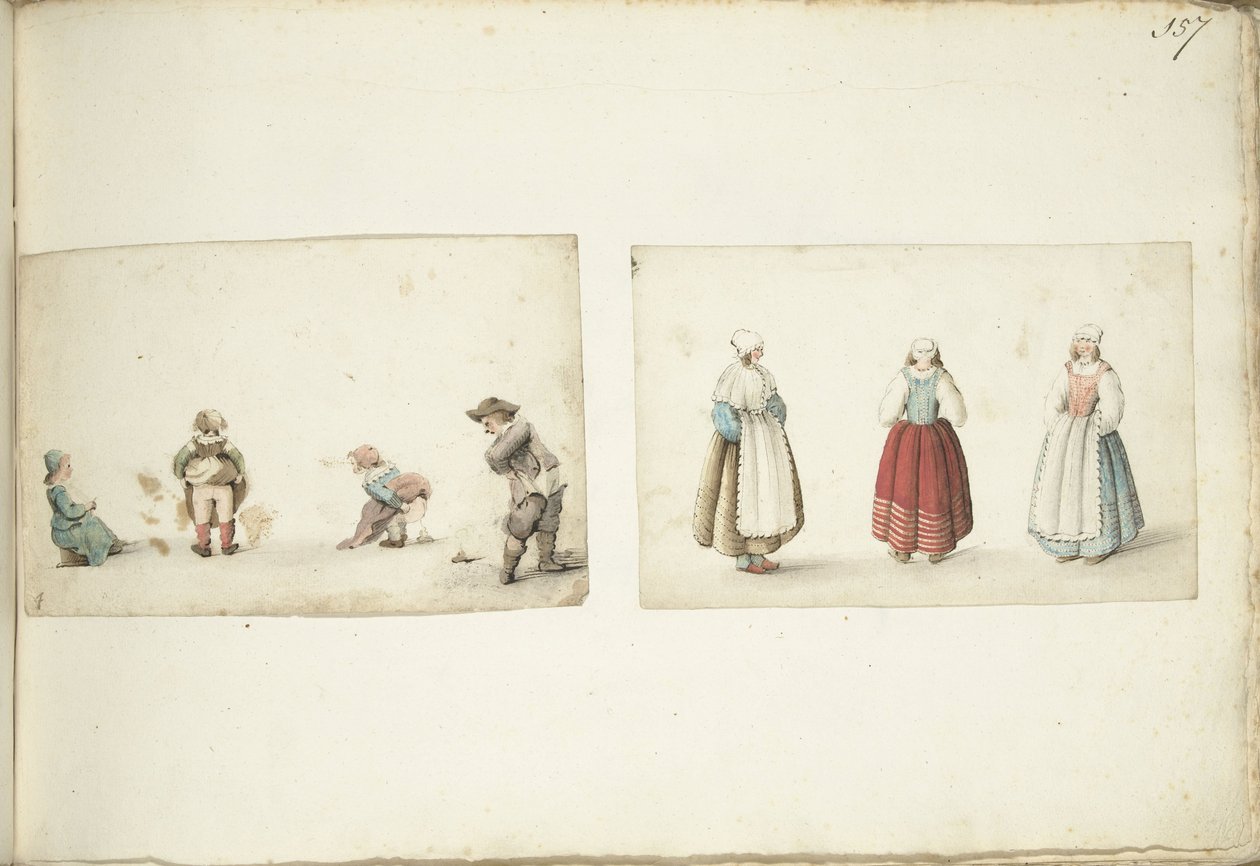 Dört çocuk işlerini yapıyor ve üç kadın ayakta by Gesina ter Borch