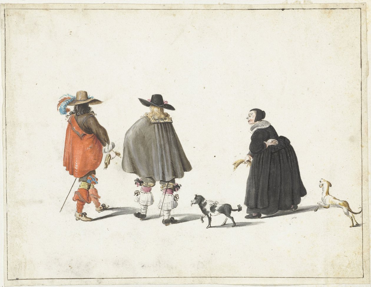 Siyahlı kadın, iki köpek eşliğinde, iki beyefendiyle konuşuyor. by Gesina ter Borch