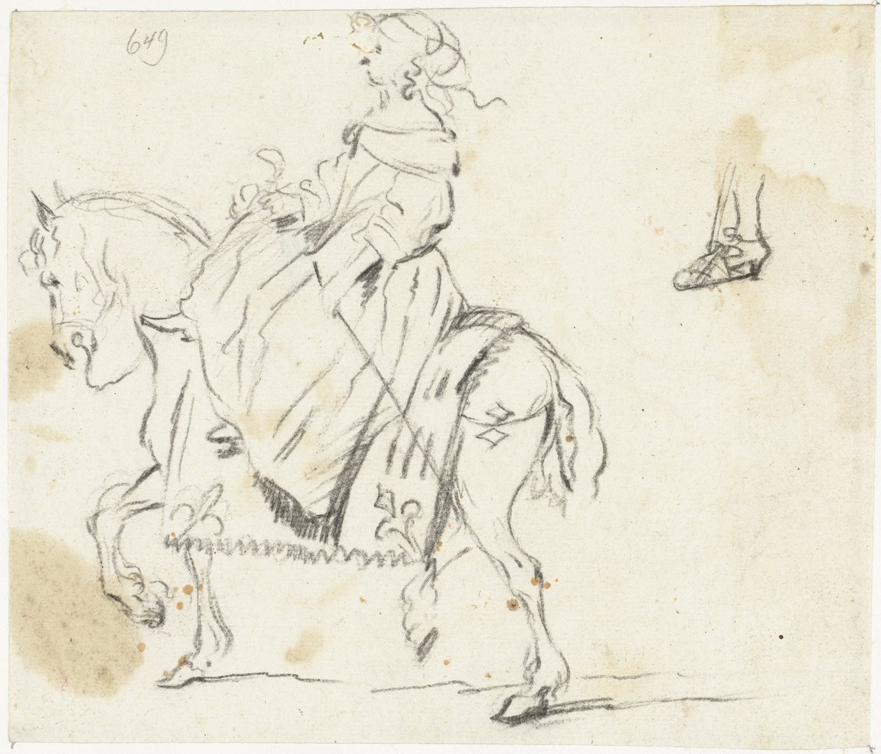 Alt bacak ve ayak taslağı ile yandan görülen at sırtında kadın by Gesina ter Borch