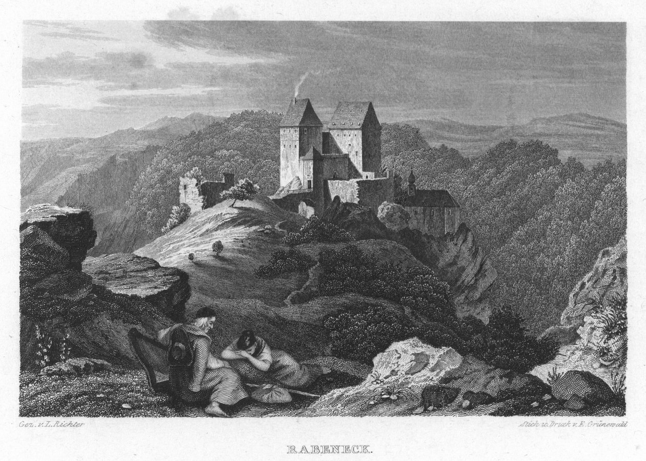 Burg Rabeneck Franken İsviçre albümünde. Dokuz çelik gravür. 1840 by Gez. v. Adrian Ludwig Richter