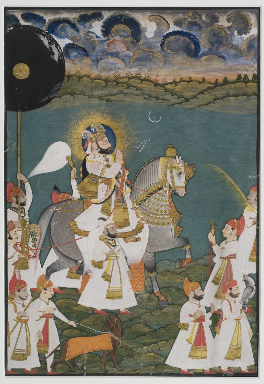 Portrait of Maharana Bhim Singh of Udaipur (1778-1828) on horseback accompanied by attendants, 1820 (gouache on paper, touched with gold) by Ghasi Ghasi