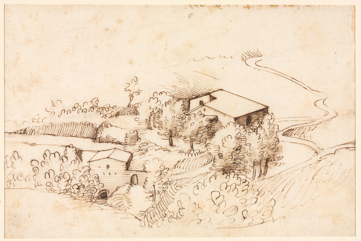 Tepelik Bir Peyzajda Ağaçlı Çiftlik (verso) by Gherardo Cibo
