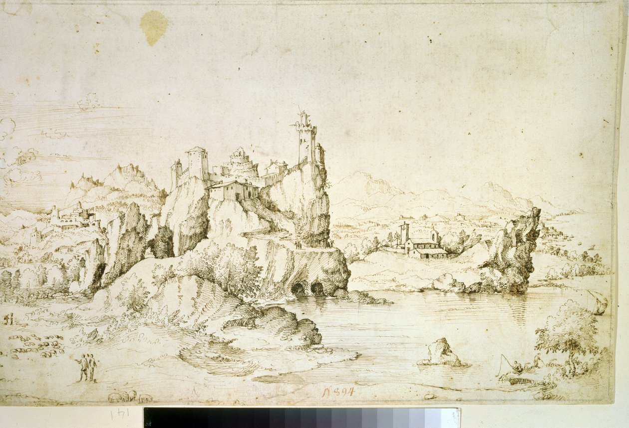 ""Un chateau perche sur une montagne"" (Dağ Manzarasında Kaya Üzerinde Bir Kale) Gherardo Cibo (1512-1600) tarafından kahverengi mürekkeple çizim 1540 Puşkin Müzesi, Moskova by Gherardo Cibo