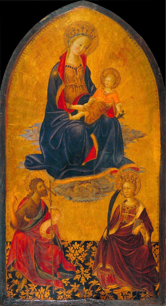 Vaftizci Yahya ve Aziz Catherine tarafından Bakire ve Çocuğun Tapınması - Vaftizci Yahya ve Aziz Catherine tarafından Bakire ve Çocuğun Tapınması - Tablo Gherardo Starnina (c. 1364-1413) - 14. yüzyılın sonu. - Panelde Tempera - by Gherardo Starnina