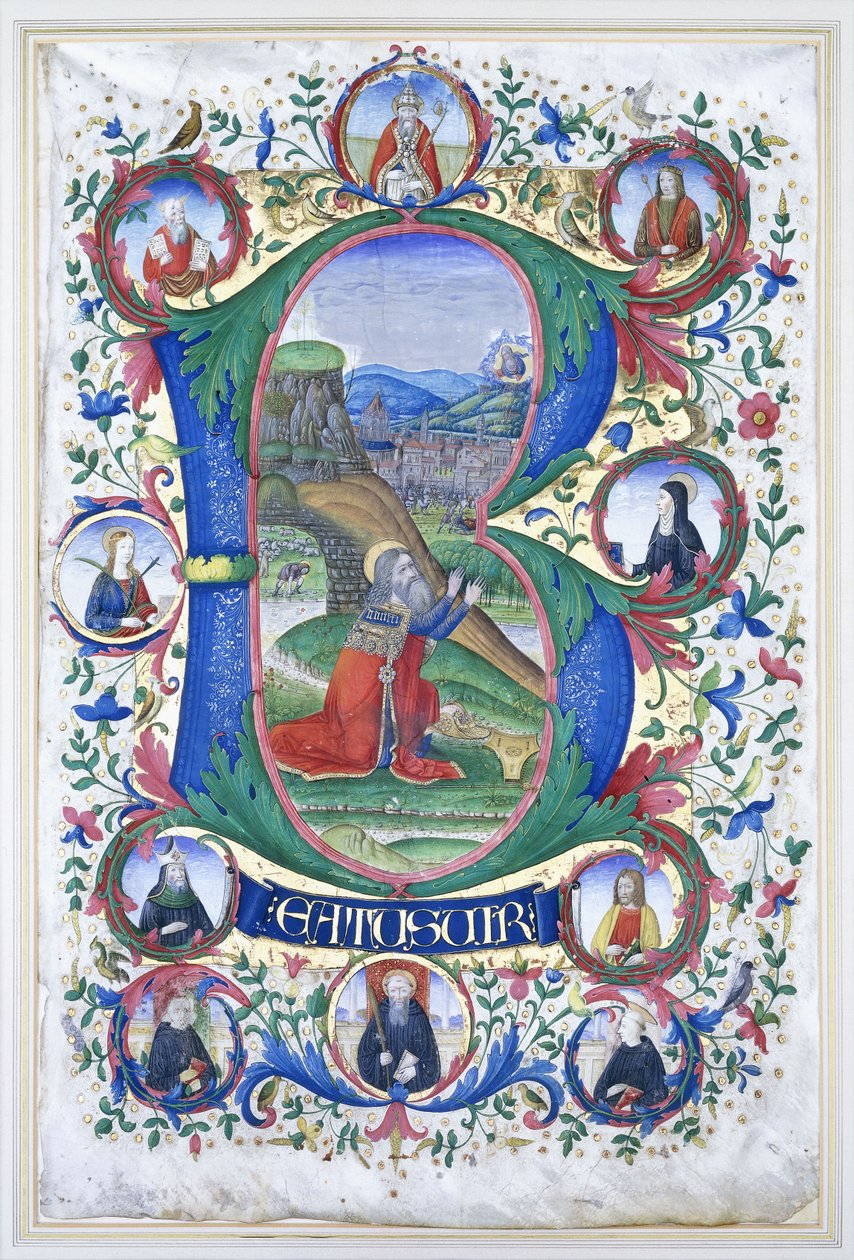 Kral David dua ederken çok büyük bir ilk "B" içinde, her biri bir azizin portresini içeren on büyük yuvarlakla çevrili, c.1500 by Gherardo di Giovanni del Fora