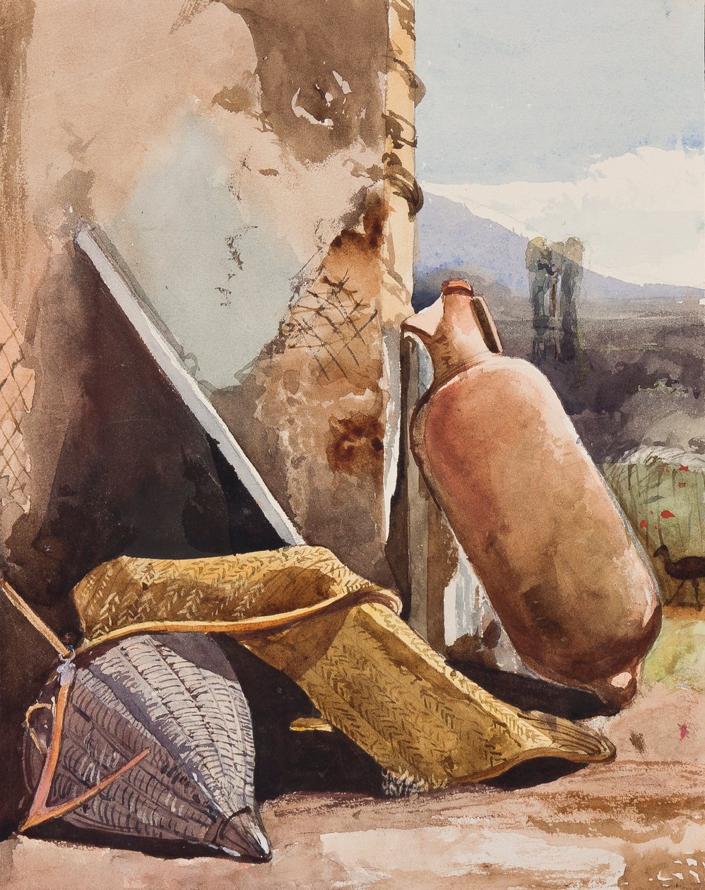 Sepetler ve kuşlu amfora, Borbone gözbebeği eklemeli (kalem, wc ve kağıt üzerine guaş) by Giacinto Gigante