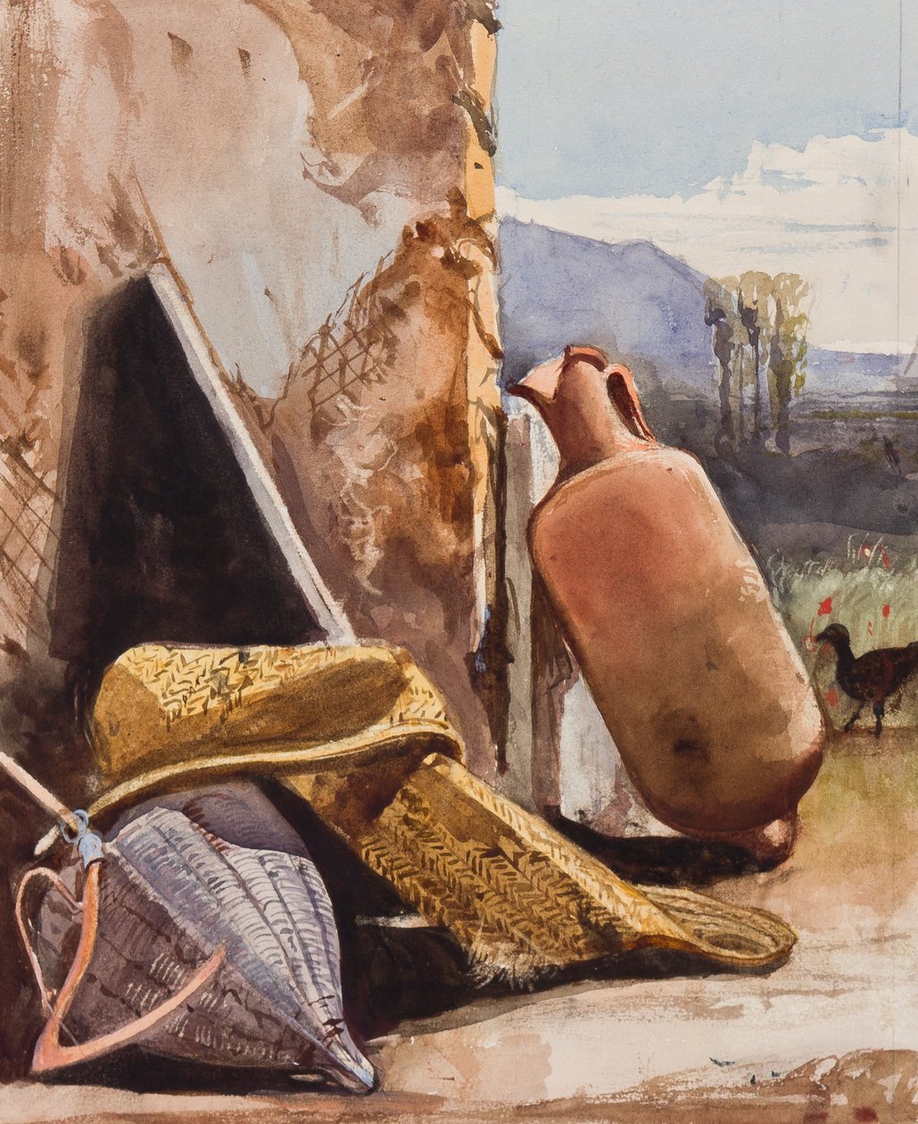 Sepetler ve kuşlu amfora, Borbone gözbebeği eklemeli (kalem, wc ve kağıt üzerine guaş) by Giacinto Gigante