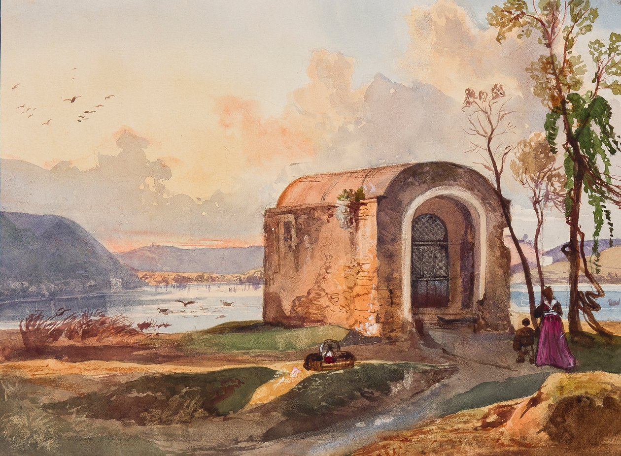 Lucrino Gölü kıyısındaki Şapel, bir Borbone öğrencisi, muhtemelen Prenses Maria Annunziata di Borbone (1843-1871) (kalem, kağıt üzerinde wc ve guaj) tarafından ilavelerle by Giacinto Gigante
