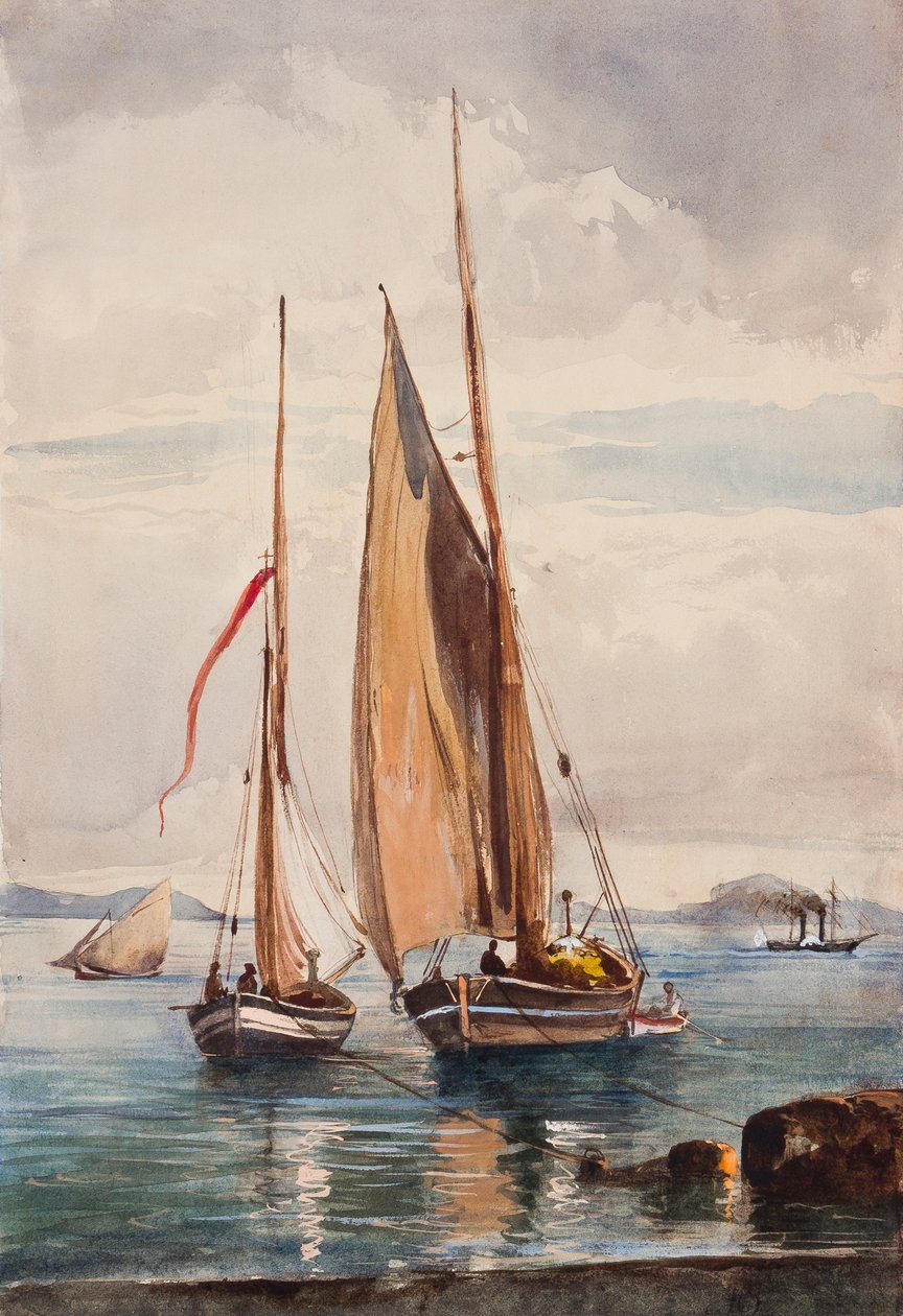 Prens Alfonso Maria di Borbone (1841-1934) tarafından yapılan eklemelerle balıkçı tekneleri ve vapur (kağıt üzerine kurşun kalem, wc ve guaj) by Giacinto Gigante