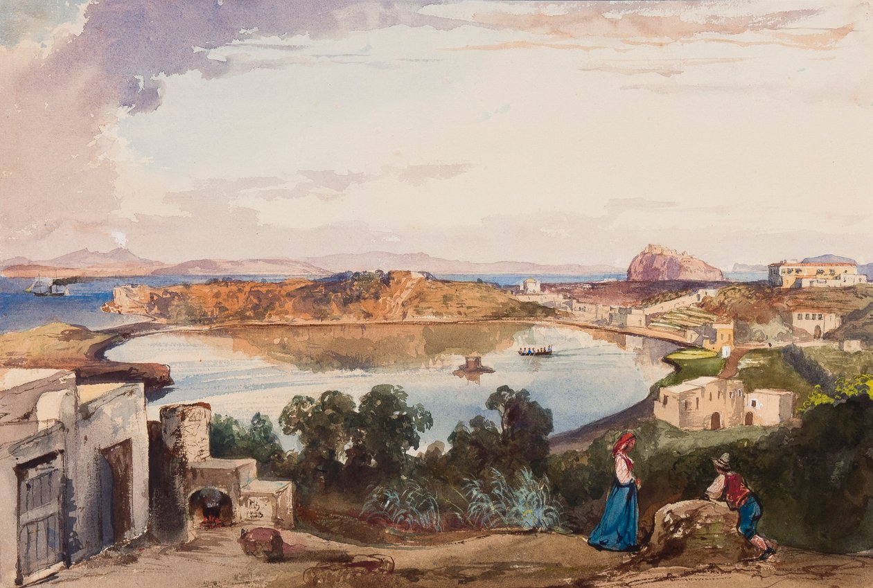 Ischia, denizin girişinin hemen öncesindeki kaldera kesildi, sağda Kraliyet Sarayı, Prens Alfonso Maria di Borbone (1841-1934), 1853 (kağıt üzerine kurşun kalem, wc ve guaş) by Giacinto Gigante