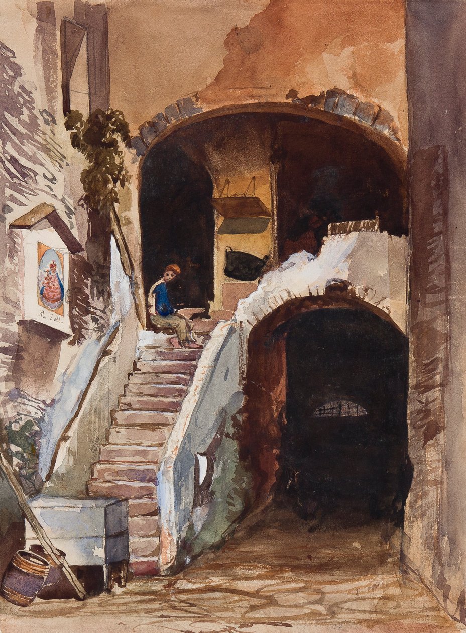 Napoliten ev, bir Borbone öğrencisi tarafından ilaveler (kalem, wc ve kağıt üzerine guaj) by Giacinto Gigante