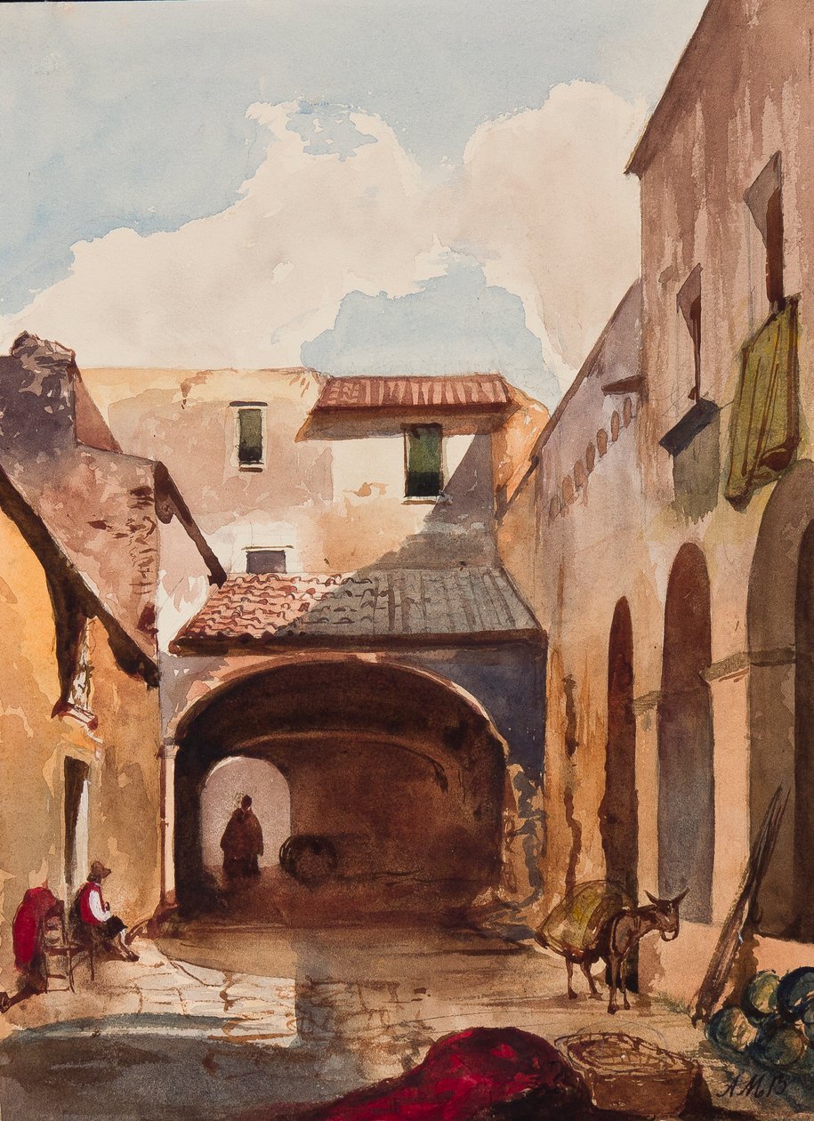 Prens Alfonso Maria di Borbone (1841-1934), 1853 (kağıt üzerine kurşun kalem, wc ve guaj) tarafından yapılan eklemelerle figürlü geçit ve sokak by Giacinto Gigante