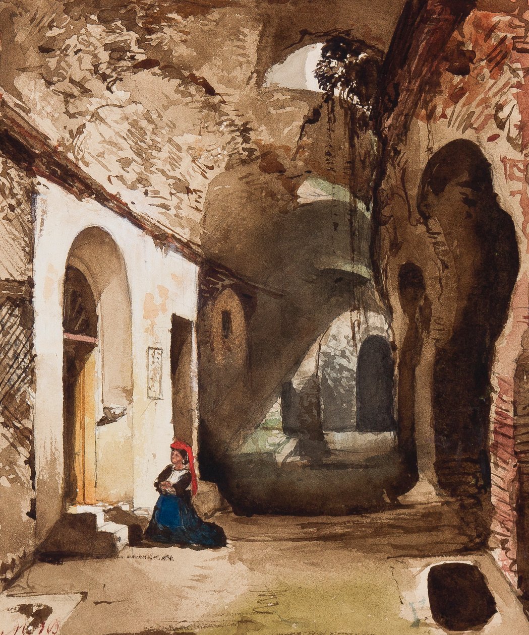 Pozzuoli amfi tiyatrosundaki tonozlu türbede dua eden kadın, Prenses Maria Annunziata di Borbone (1843-1871) (kağıt üzerine kurşun kalem, wc ve guaj) by Giacinto Gigante