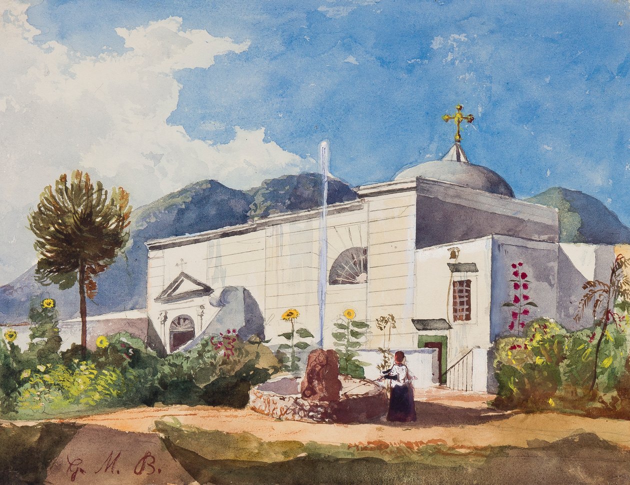 Kilise ve çeşme, muhtemelen bir Kraliyet Konutunun bahçesi, Prens Gaetano Maria Federico di Borbone (1846-1871) tarafından yapılan eklemeler (kalem, wc ve kağıt üzerine guaj) by Giacinto Gigante