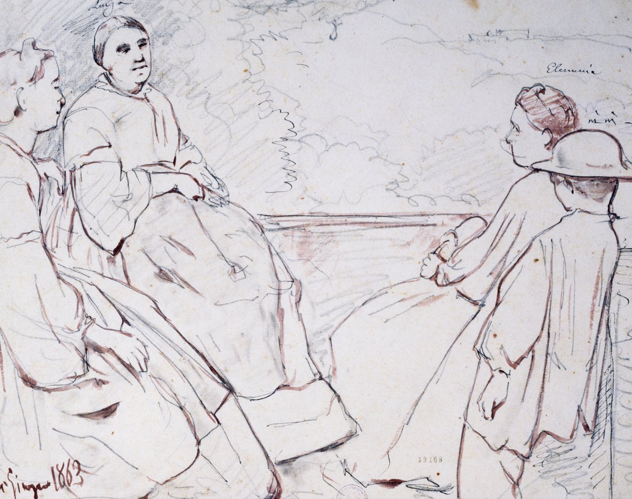 Gigante ailesi: karısı Luisa, kızları Elisa, Elenuccia ve Nini by Giacinto Gigante