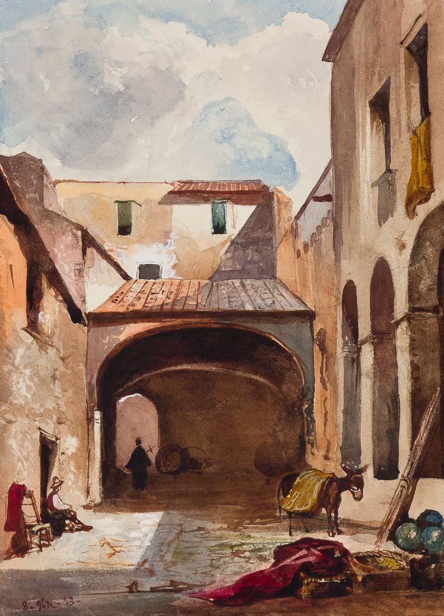 Bir Borbone öğrencisi, muhtemelen Prens Alfonso Maria di Borbone (1841-1934), 1853 (kağıt üzerine kurşun kalem, wc ve guaş) tarafından eklemeler ile figürlü geçit ve sokak by Giacinto Gigante