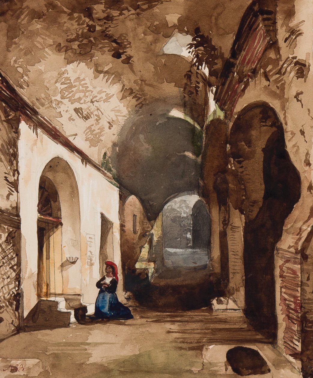 Pozzuoli amfi tiyatrosundaki tonozlu türbede dua eden kadın, Prenses Maria Annunziata di Borbone (1843-1871) (kağıt üzerine kurşun kalem, wc ve guaj) by Giacinto Gigante