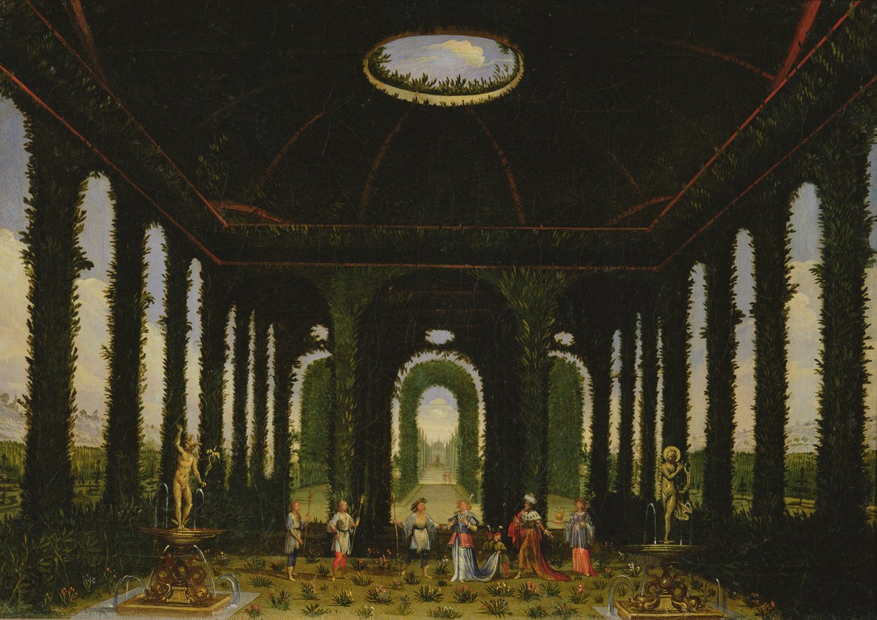 III. Perde, XI ve XIII. sahneler: köşk şeklinde bahçe by Giacomo Torelli