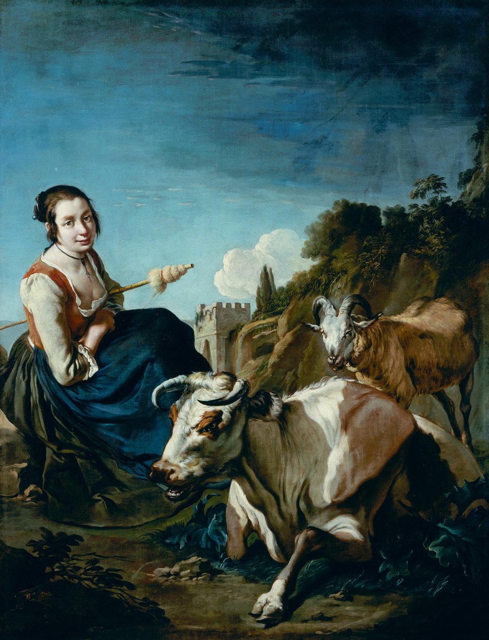Kayalık Bir Manzarada İnek ve Koyunlu Bir Kız, c.1700 (tuval üzerine yağlı boya) by Giacomo Ceruti