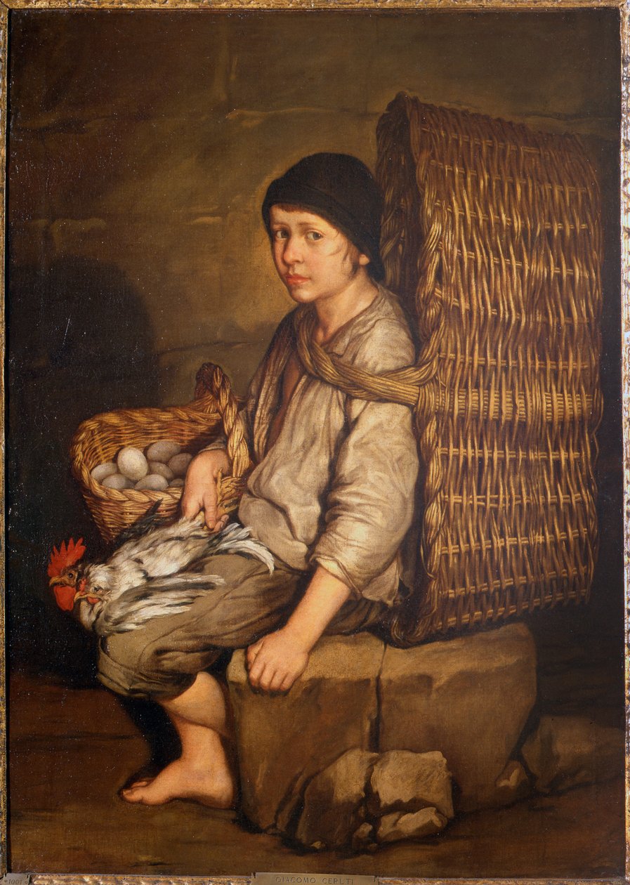 Sırtında sepet, yumurta ve kümes hayvanları ile oturan ayak işleri yapan çocuk, c.1735 (tuval üzerine yağlı boya) by Giacomo Ceruti