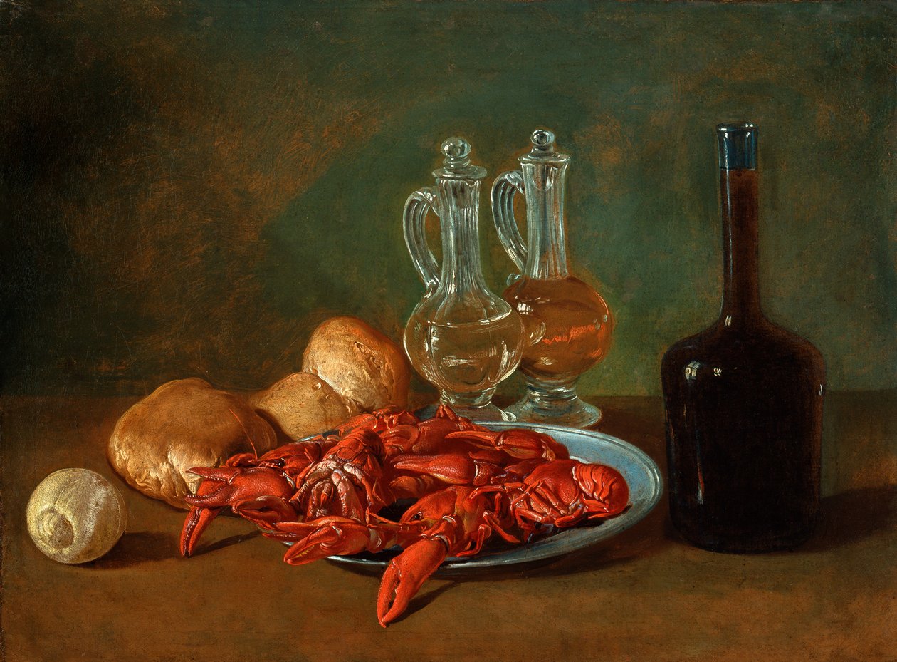 Kalaylı tabak, karides, limon, cam şişeler, ekmek ve bir şişe şarap ile natürmort by Giacomo Ceruti