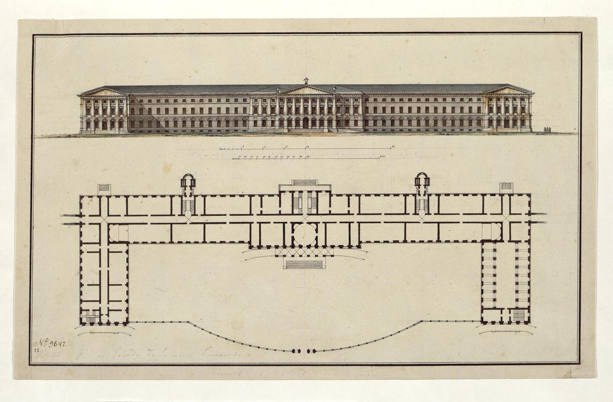 Smolny Enstitüsü Projesi. Ana Cephe ve Zemin Kat Planı, 1806-1808 by Giacomo Antonio Domenico Quarenghi