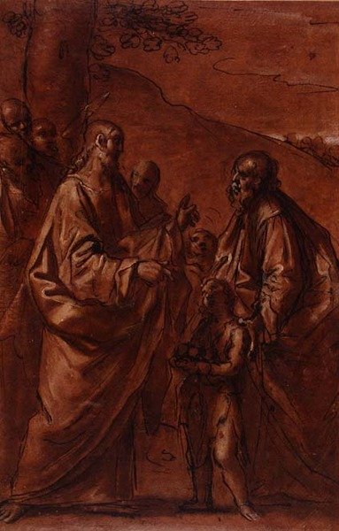 PD.9-1992 Somun ve Balıkların Mucizesi, c.1611-14 (siyah tebeşir, kalem & mürekkep ve yıkama) by Giacomo Cavedoni
