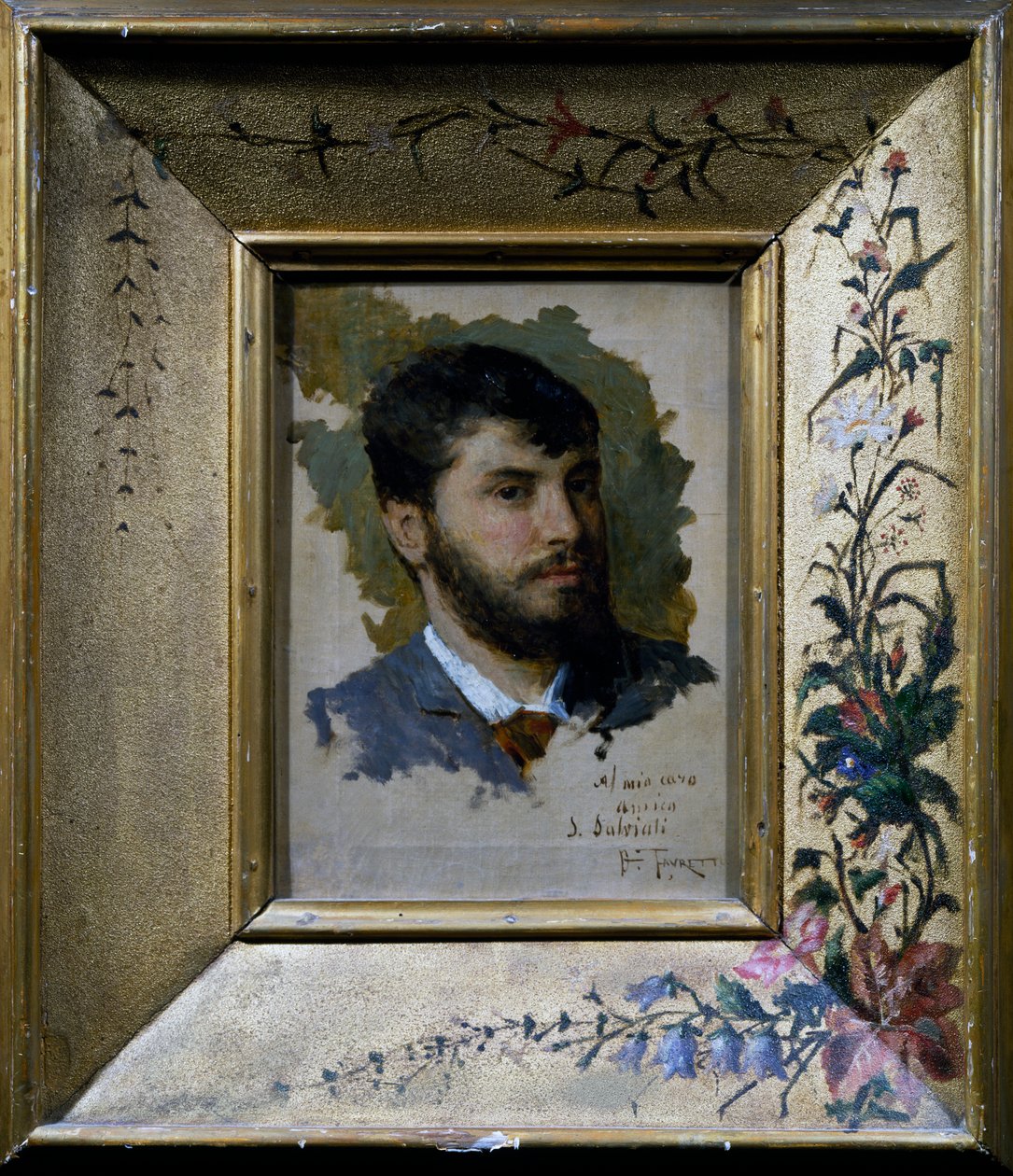 Çiçek motifli boyalı çerçeveli otoportre by Giacomo Favretto