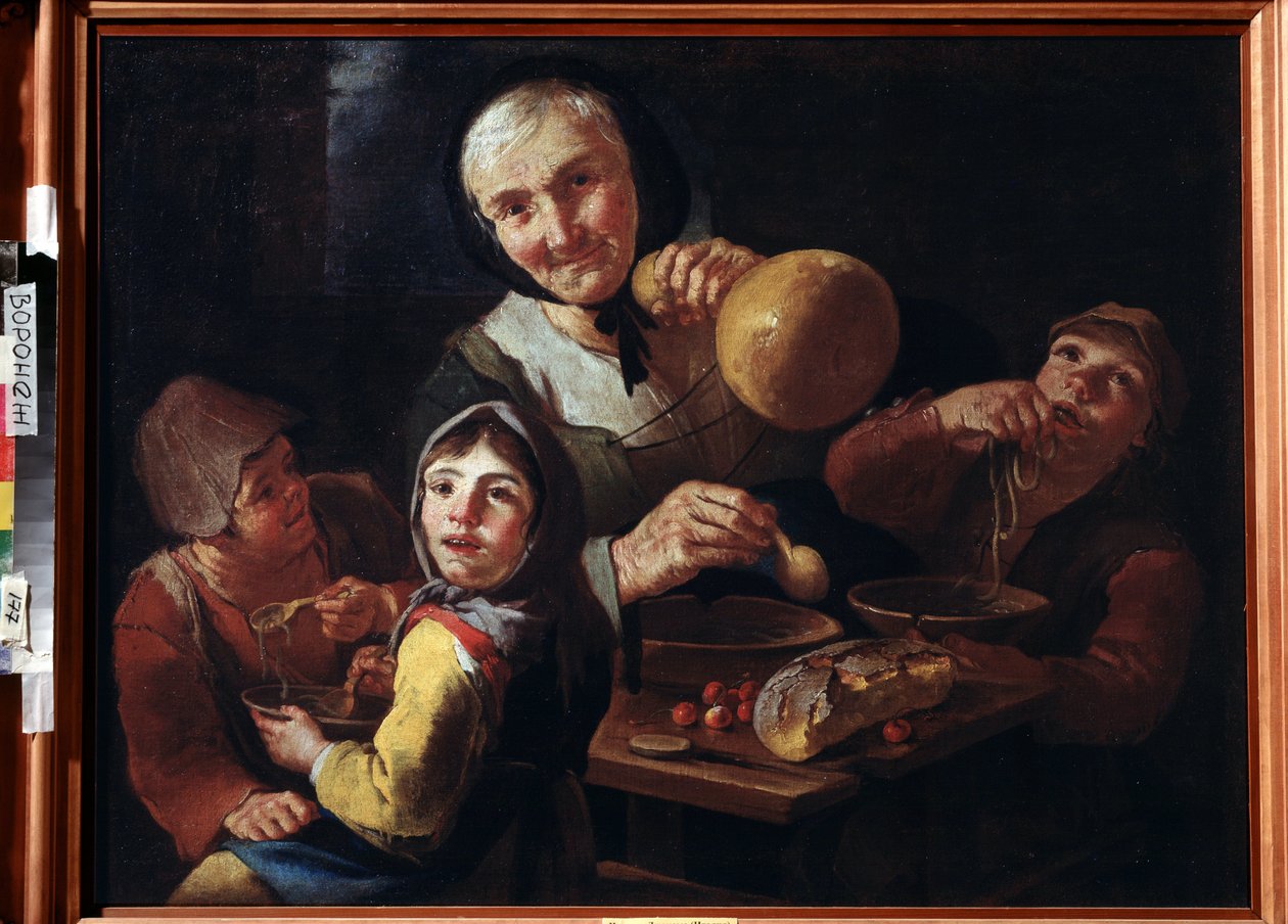 "Köylü Yemeği" (Köylü Yemeği) Çorba, kiraz ve ekmekle kahvaltı yapan yaşlı bir köylü kadın ve üç çocuk. Giacomo Francesco Cipper (1664-1736) tarafından yapılan boyama 18. yüzyıl Ivan Kramskoy (veya Kramskoi) Voronej