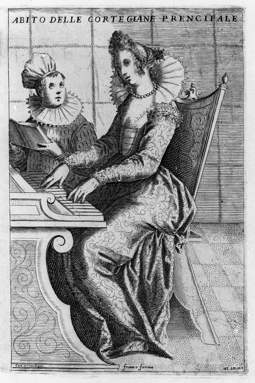 Piyano çalan zarif elbiseli bir fahişe. Giacomo Franco (1550-1620) tarafından “Venedik, kullanımlar ve gelenekler”den gravür, 1597 dolaylarında. by Giacomo Franco