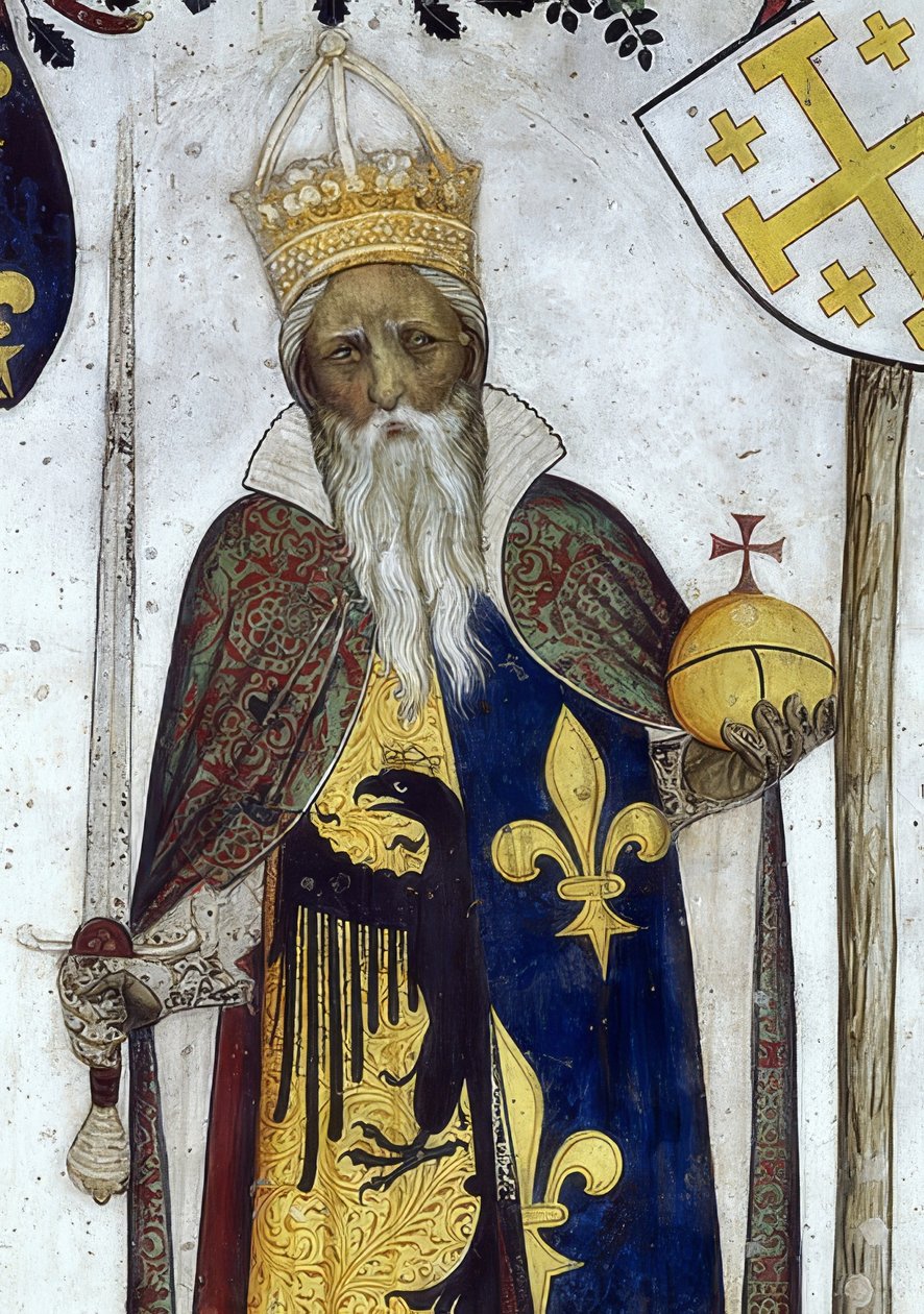 Saluzzo Markisinin ve eşlerinin tarihi ve mitolojik kahramanlar ve kadın kahramanlar olarak tasviri. Detay: Manfredo III. Charlemagne olarak. 1418-30 by Giacomo Jaquerio