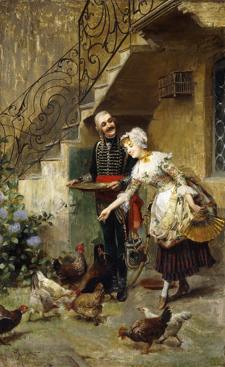Avluda Tavuk Besleyen Zarif Çift, by Giacomo Mantegazza