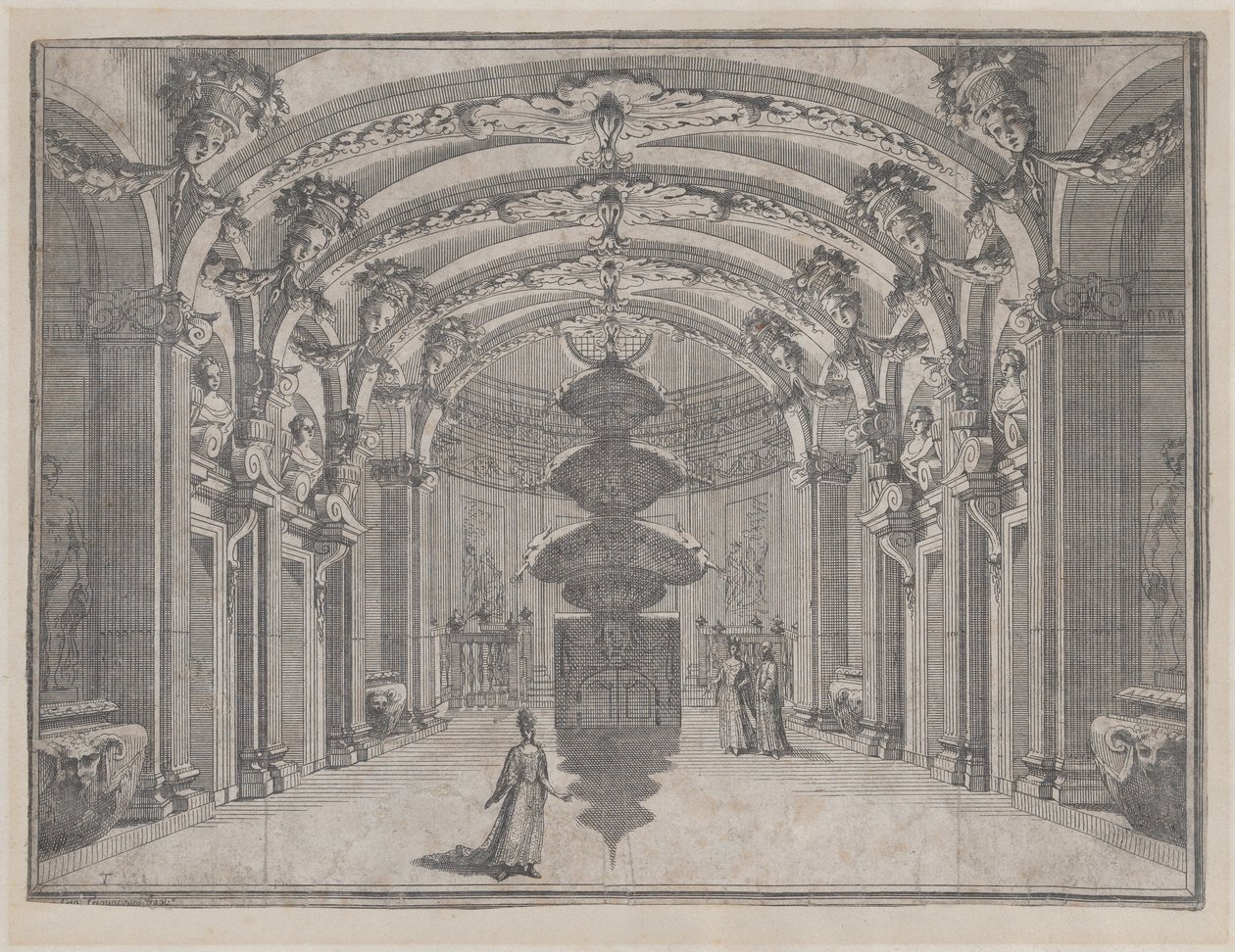 Tonozlu tavanı ve merkezi bir heykeli olan büyük bir salonda tiyatro sahnesi, ..., yakl. 1687-1717. by Giacomo Maria Giovannini